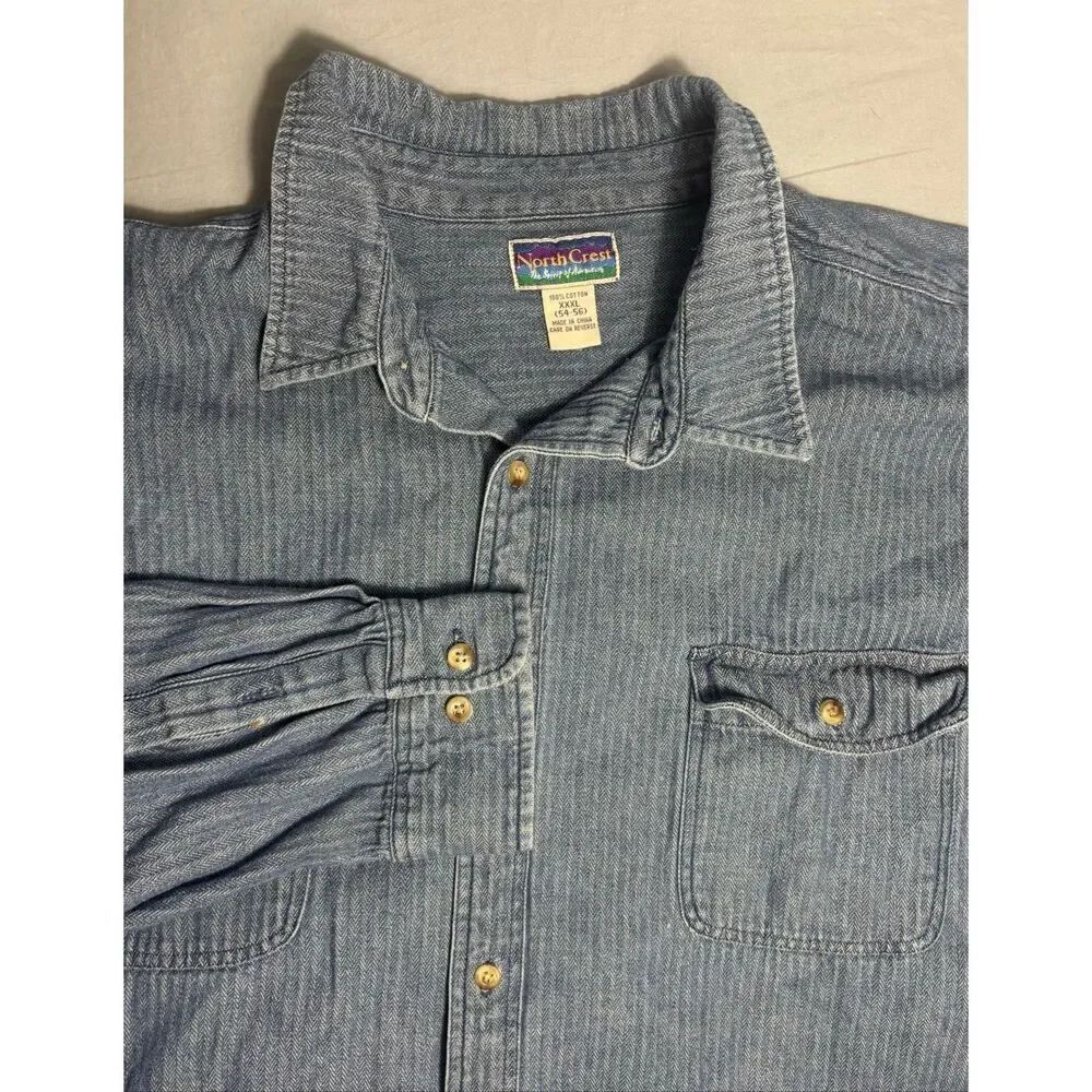 Vintage Y2K Denim Button Up Shirt Mens XXL 3XL Long Sleeve Blue Chore Shirt Flaw
